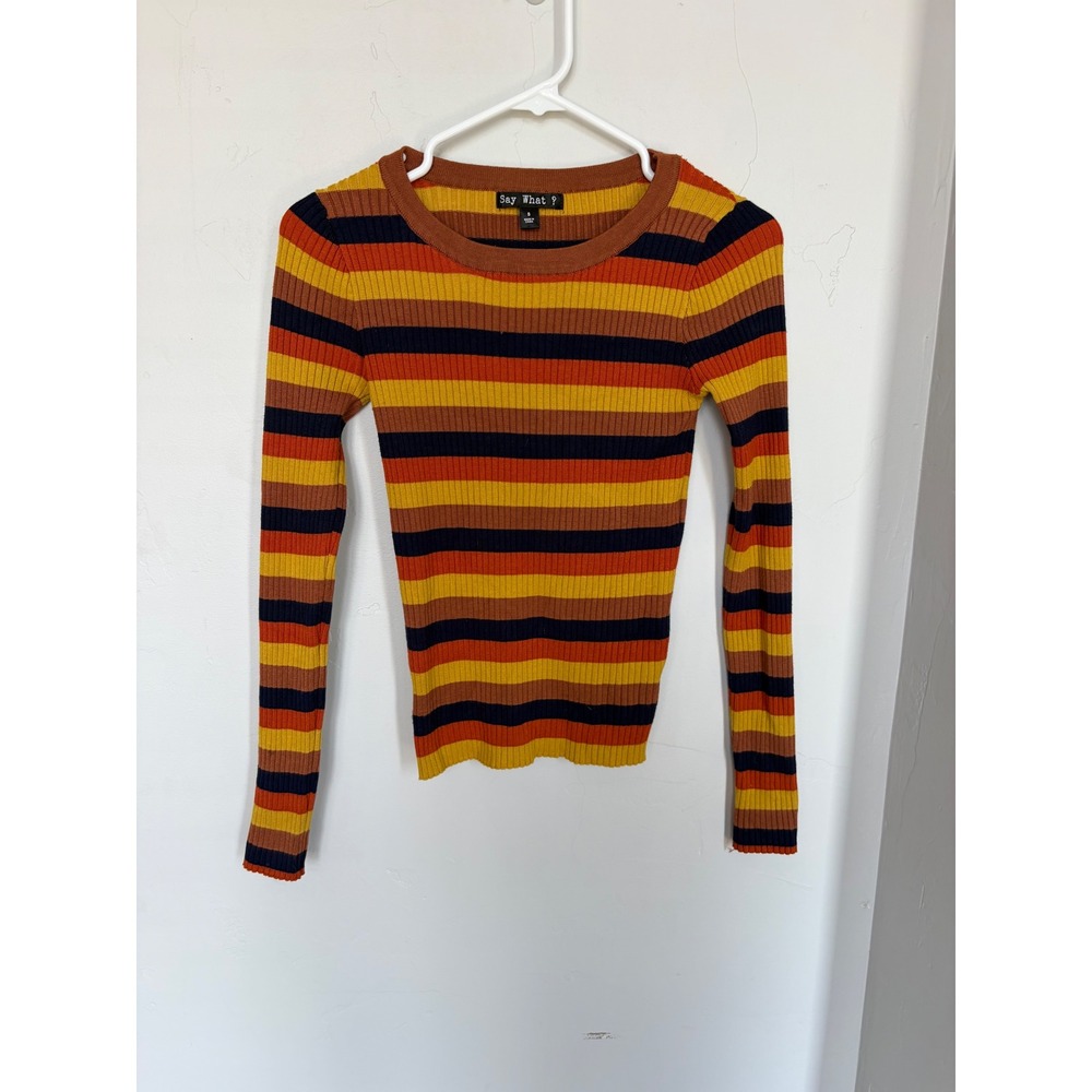 Say What? Womens Striped Ribbed Knit Crew Neck Long Sleeve Top Multi-Color Small